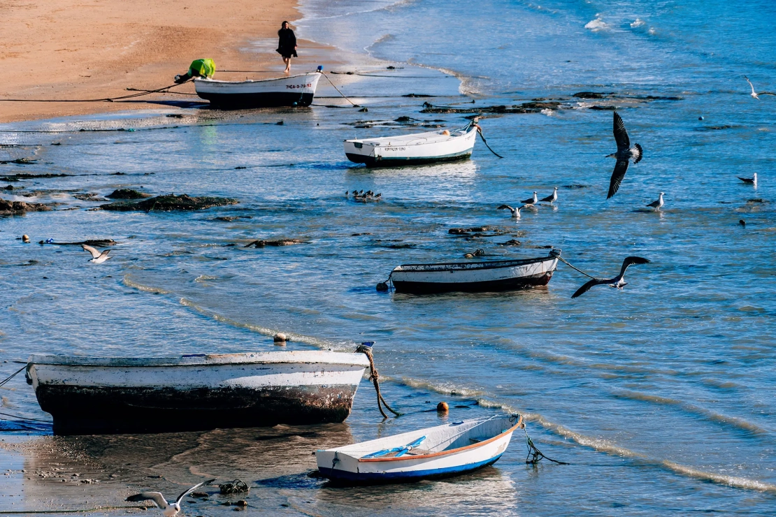 Boote am Strand von Cadiz